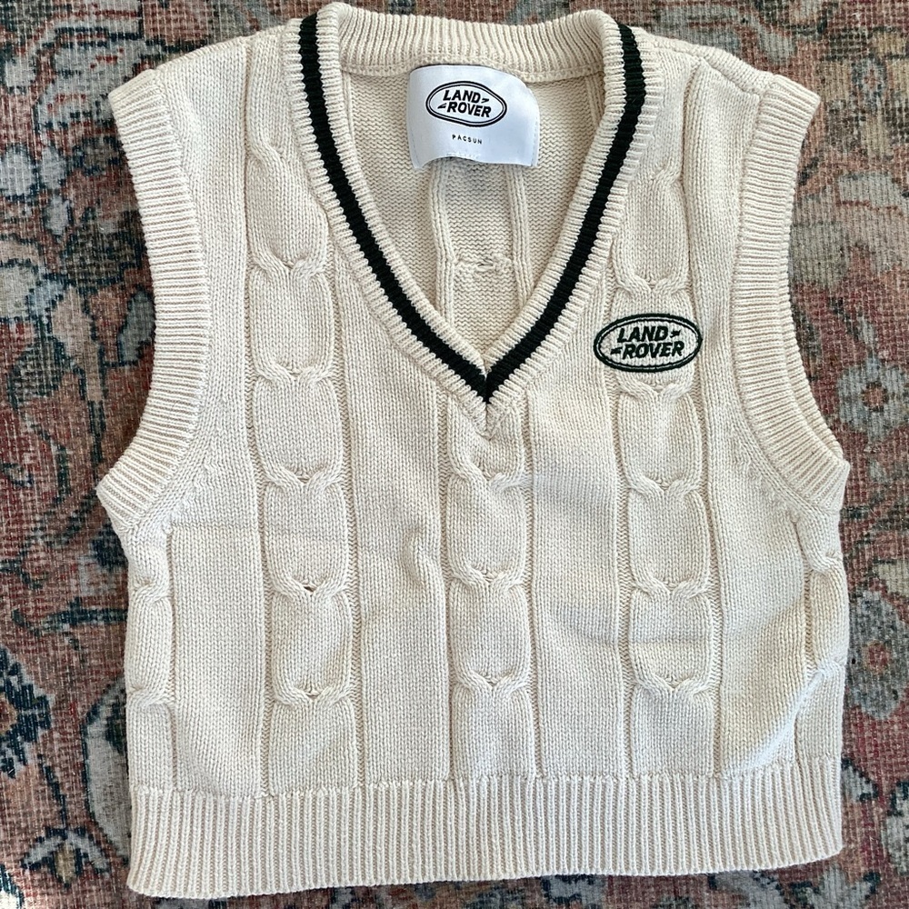 Pacsun /Land Rover Collab Cream Cable Knit CreamBlack VNeck Cotton Blend Vest XS